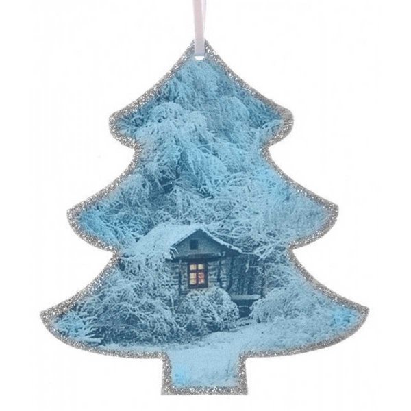 Χριστουγεννιάτικο Κρεμαστό Ξύλινο Δεντράκι, με Εικόνα Χιονισμένου Τοπίου (11cm)
